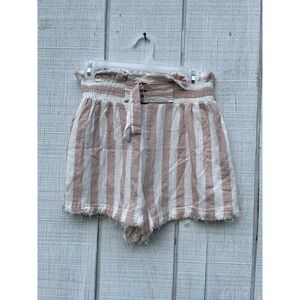 Umgee Medium Striped Shorts‎ Pink White Freyed Edge Summer Casual